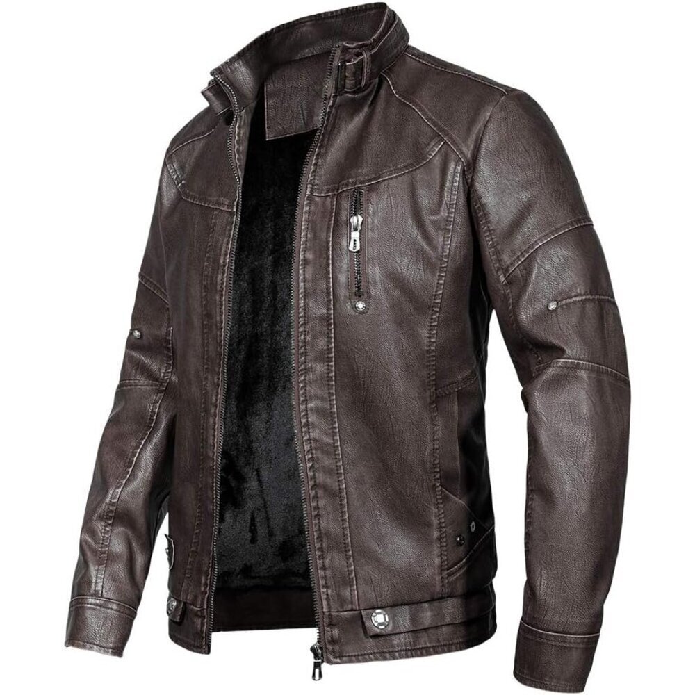 Men's Vintage Stand Collar Leather Jacket Motorcycle PU Jacket and Coat